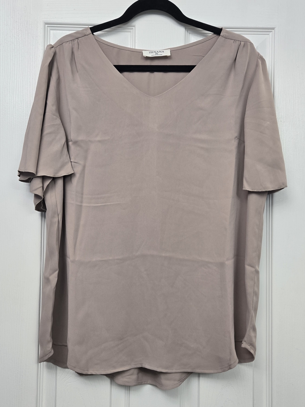 Zenana XL Taupe V-Neck Short Flutter Sleeve Blouse Top